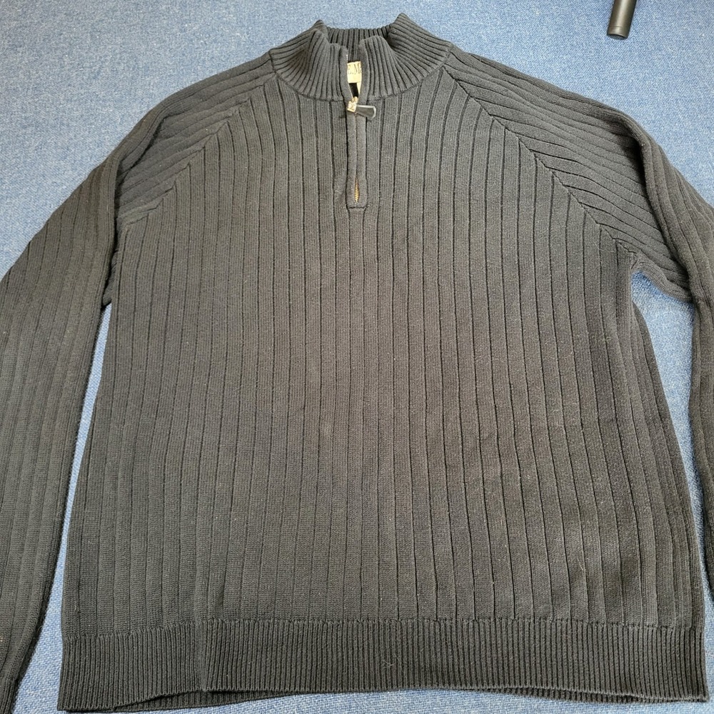 E. Magrath Mens Black Ribbed Quarter Zip Sweater Cotton Rayon Golf Pullover L